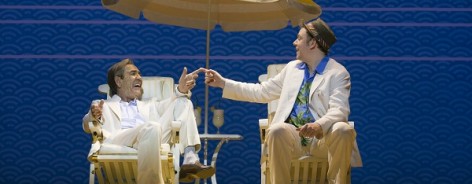 Robert Lindsay and Rufus Hound in Dirty Rotten Scoundrels - on beach chairs beneath a yellow umbrella