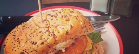Seeded vegan burger with 'meat' and 'cheese'