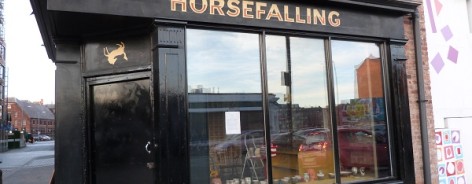 Photo of the black-painted front of the Horsefalling shop