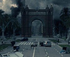 Black and white image of a deserted, post-apocalyptic Barcelona.