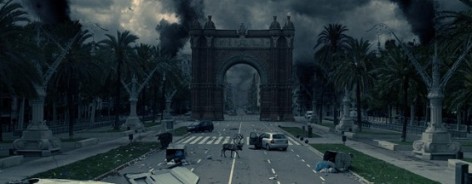 Black and white image of a deserted, post-apocalyptic Barcelona.