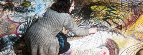 Photograph of Drawn to the Beat, live participatory drawing by Naomi Kendrick