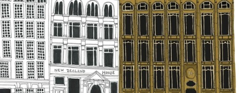 Illustration of Oriel Chambers and the two buildings next two it,