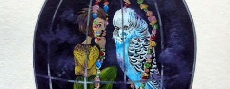 Painting of a woman in a cage with a budgerigar.