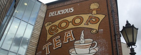 Photo of the co-op tea sign on the building