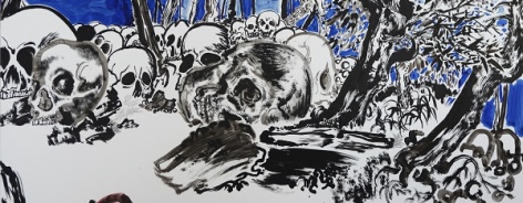 Illustration of skulls and trees in ink