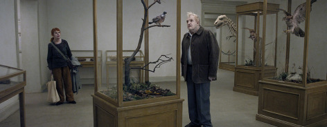 Still from the film with a man looking at a bird in a case