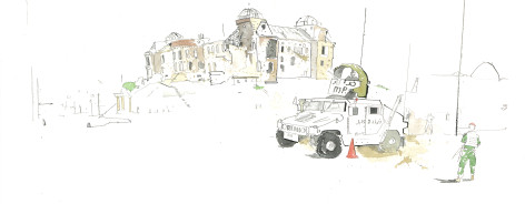 Illustration of a tank near building on a hill