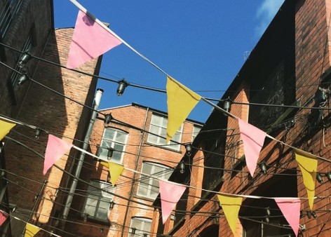 Bunting in a sunny outdoor courtyard