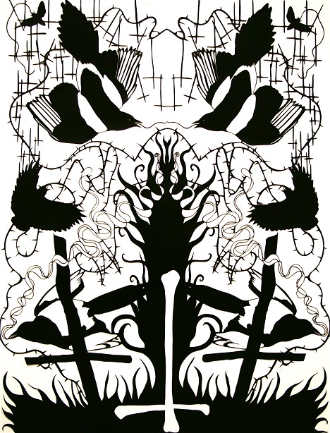 Black and white image Magpies 2009, James Aldridge, part of The First Cut paper cut exhibition at Manchester Art Gallery, 2012