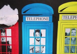 Brightly coloured print of postboxes with balck and white photos of famous women inside