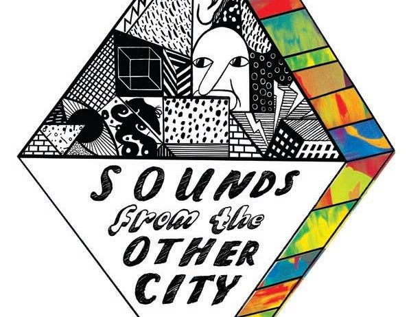 Poster for Sounds From the Other City, featuring colourful squares and cartoon faces.