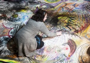 Photograph of Drawn to the Beat, live participatory drawing by Naomi Kendrick