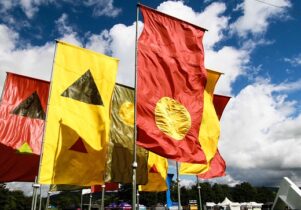 Red and yellow festival flags blowing in the wind
