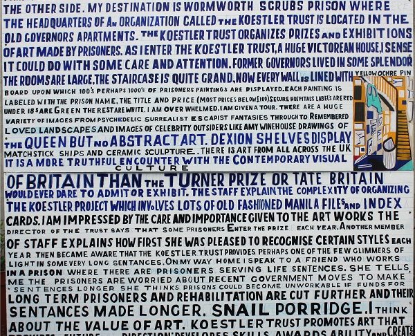Art work with blue text against a grey background