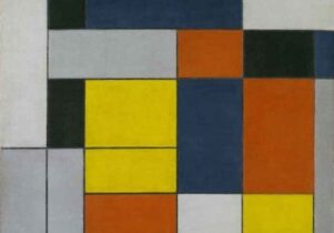 Image of one of Mondrian's grid paintings in white, orange, blue, yellow and back.
