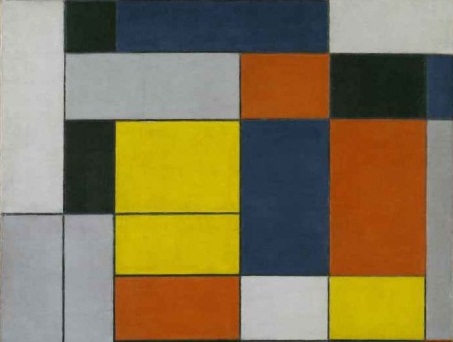 Image of one of Mondrian's grid paintings in white, orange, blue, yellow and back.
