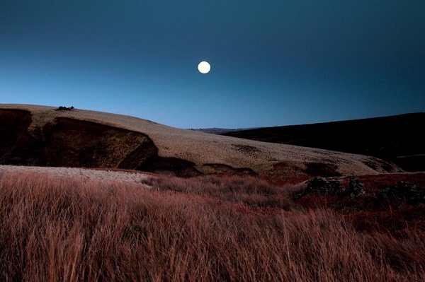 Photo of Howarth moor at night, with a full moon above it