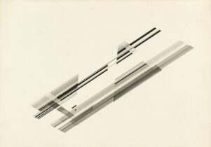Line drawing by Mohamedi, showing tightly interlocking lines in a diagonal pattern