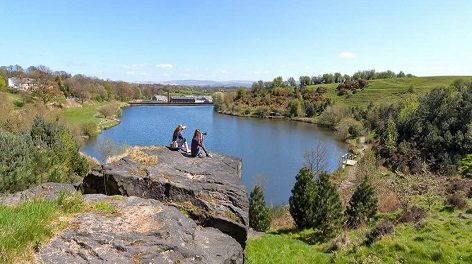 Photo of two women on a rock over looking a lake with their cameras