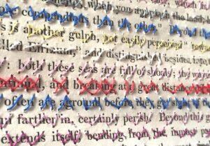 Photo of a page form a book cross stitched through so that you can barely read the words
