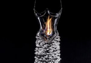 Photo of the dress of glass and flame, with a beaded skirt