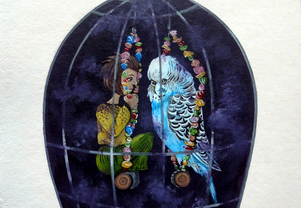 Painting of a woman in a cage with a budgerigar.