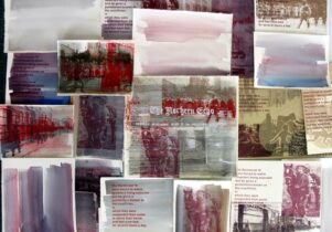 Photo of a work by Theresa Easton, with layered bits of paper
