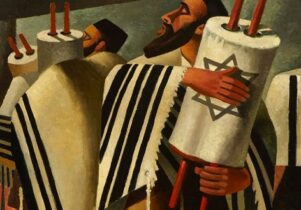 Painting of men holding big scrolls