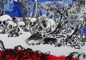 Illustration of skulls and trees in ink
