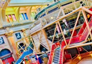 Photo of the theatre in the round and its colourful staircases