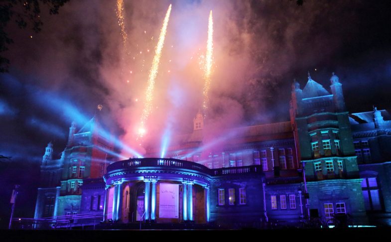 Photo of the Whitworth's front with fireworks coming from the roof