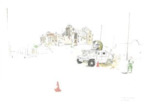 Illustration of a tank near building on a hill