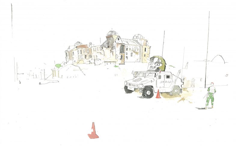 Illustration of a tank near building on a hill