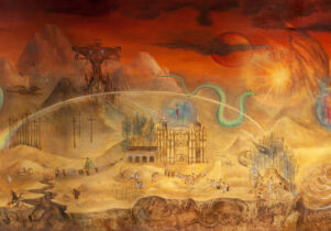 Mythical scene with dragons and rainbow