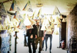 Paper hats hanging from the ceiling