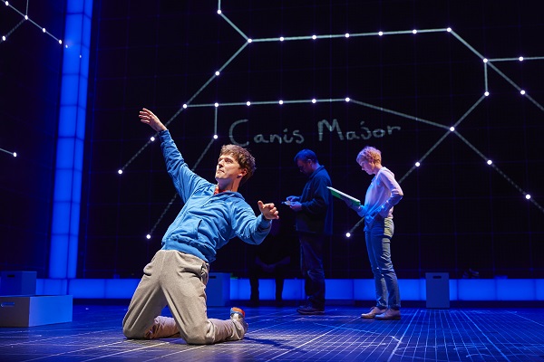 Young man kneels leaning back with Canus Major behind him