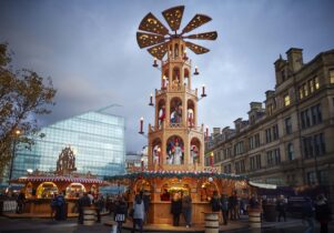 Photo of the festive display outside the Corn Exchange
