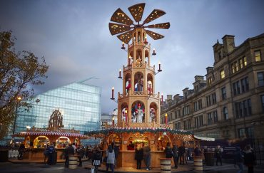 Photo of the festive display outside the Corn Exchange