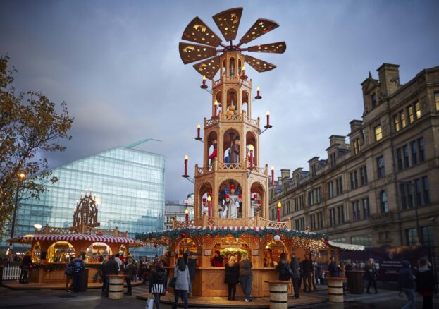 Photo of the festive display outside the Corn Exchange