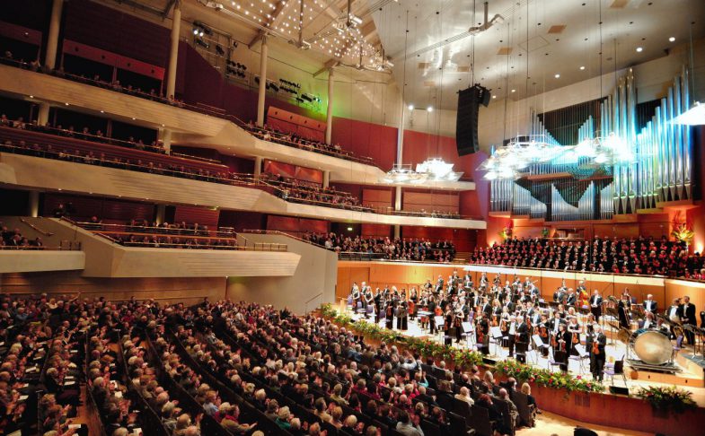 The seats and stage in The Bridgewater Hall