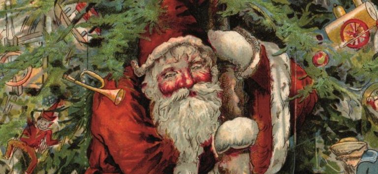 Santa carrying a decoration laden tree