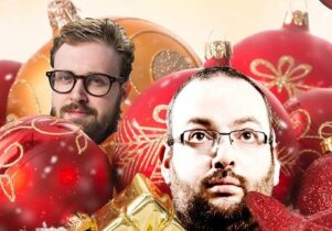 Heads of comedians among baubles
