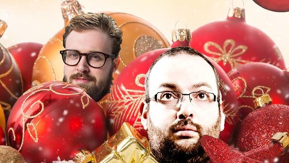 Heads of comedians among baubles