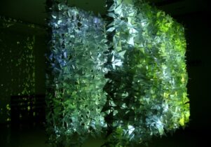 Illuminated green cranes