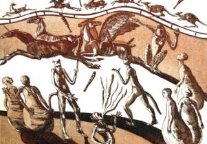 Brown and white print showing people and strange animals