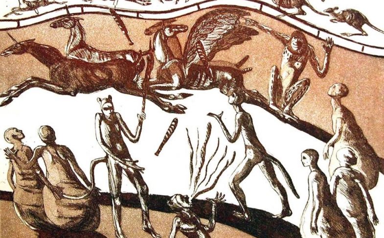 Brown and white print showing people and strange animals
