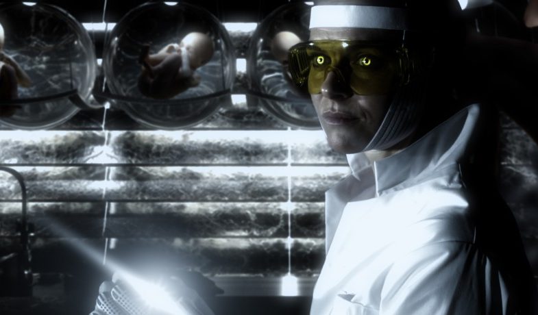 A woman in a white coat with yellow glasses