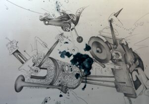 A pencil and ink drawing of an invention