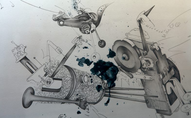 A pencil and ink drawing of an invention